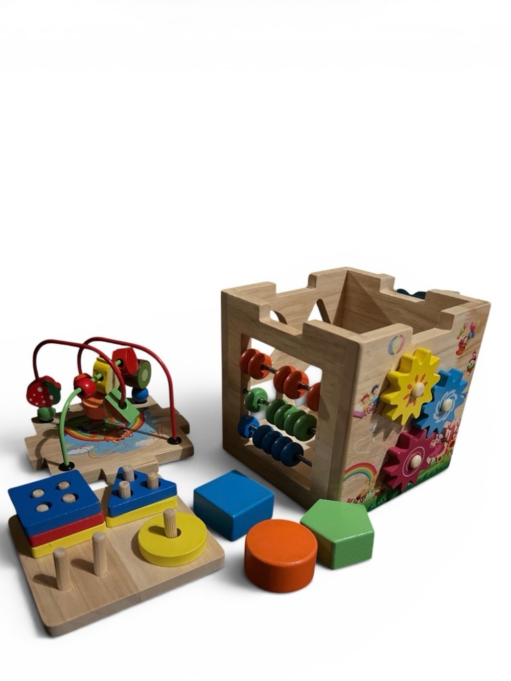 Wooden Activity Learning Cube with Colorful Shape Blocks - Natural Finish